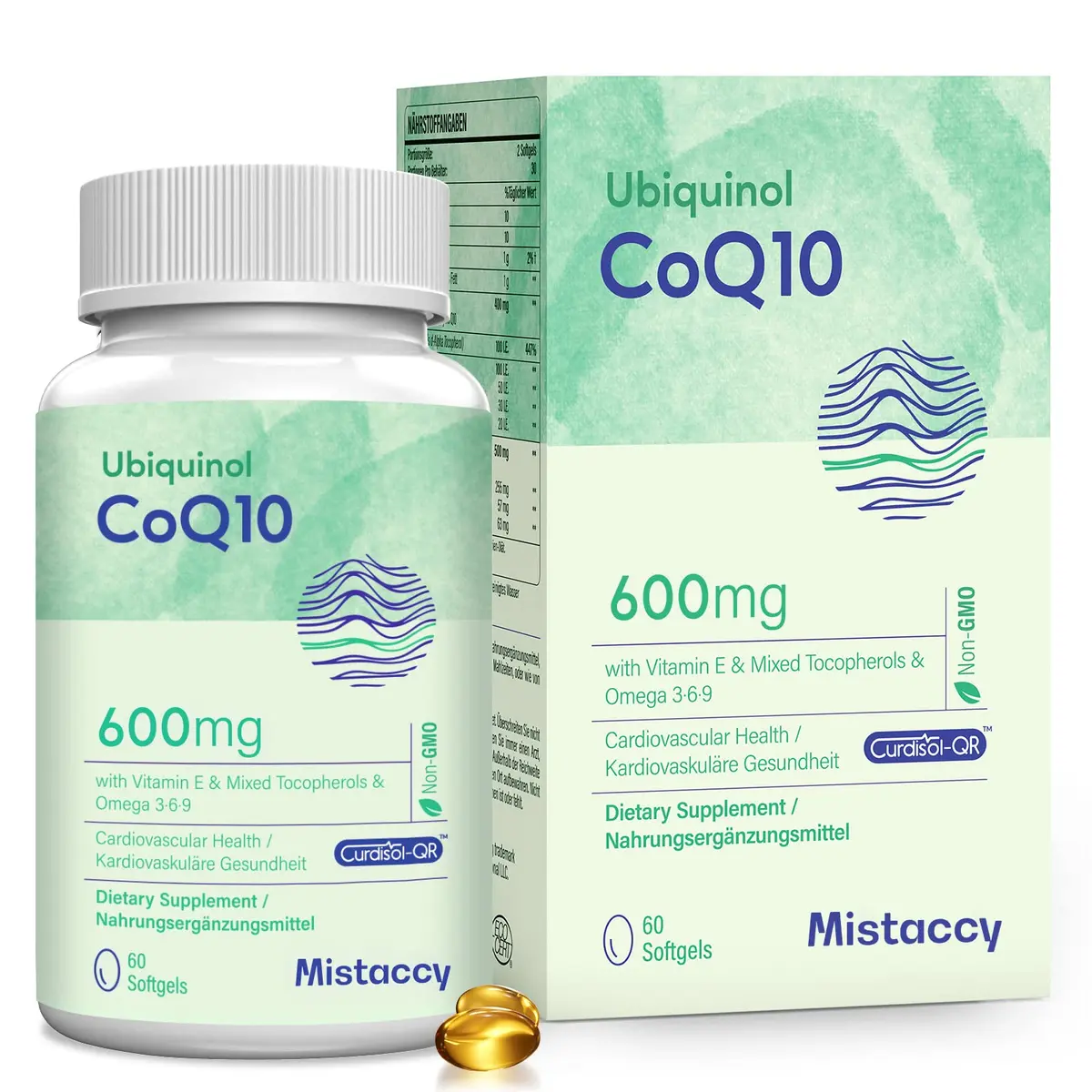 Mistaccy CoQ10 600mg Softgels | High Absorption Ubiquinol Supplement | Reduced Form with Vitamin E & Omega 3 (60 Softgels) - main product image