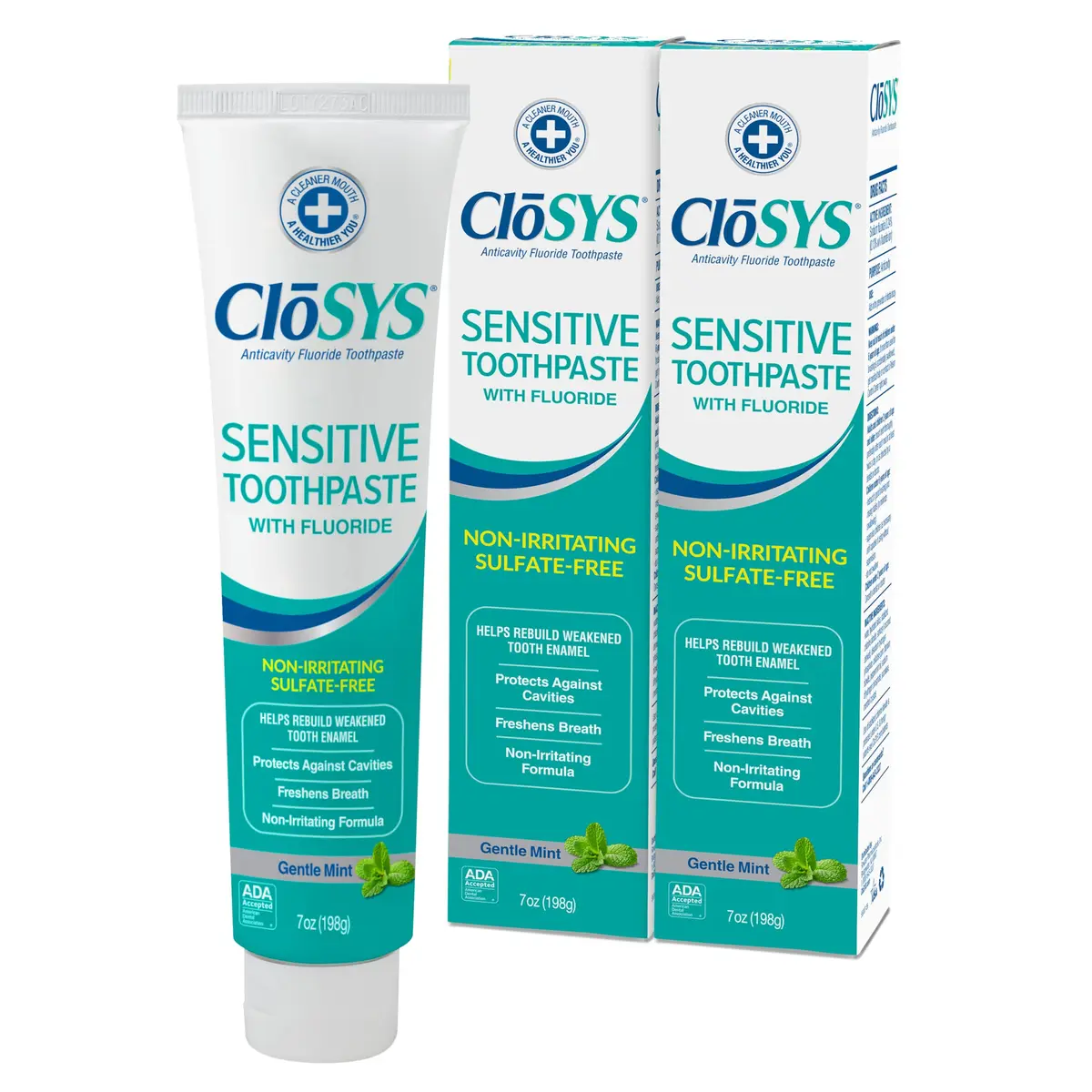 CloSYS SLS Free Toothpaste with Fluoride, 7 Ounce (198g), 2 Pack | Gentle Mint for Sensitive Teeth & Enamel Repair - main product image