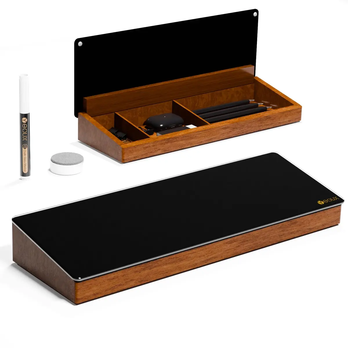 YEOUX Desktop Black Glass Dry Erase Board with Wood Organizers | Small Office Desk Whiteboard with Drawer - main product image