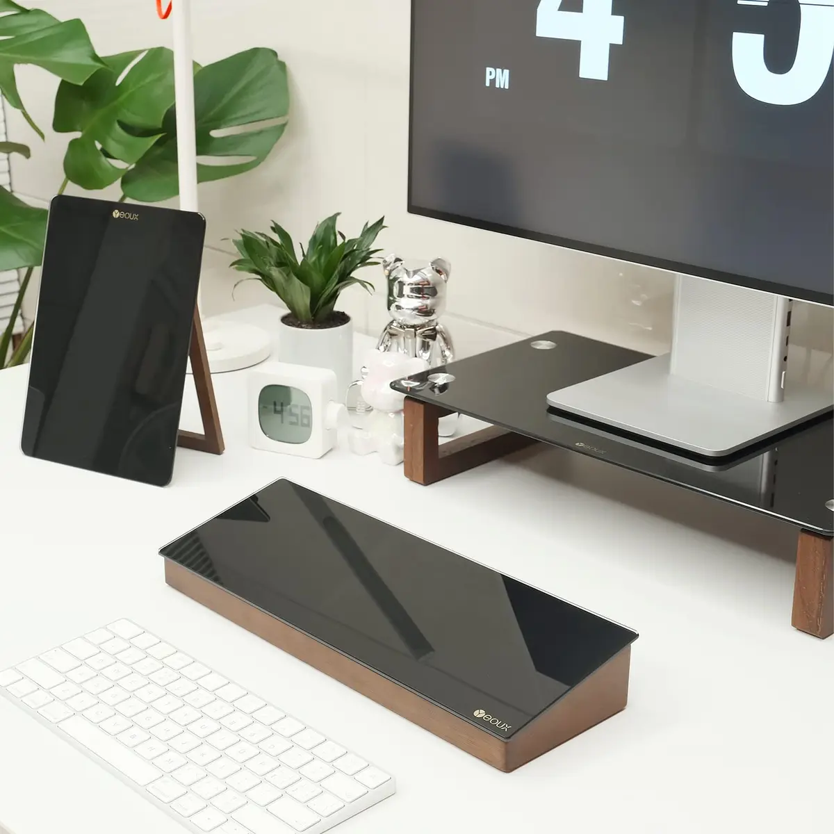YEOUX Desktop Black Glass Dry Erase Board with Wood Organizers | Small Office Desk Whiteboard with Drawer - view 7