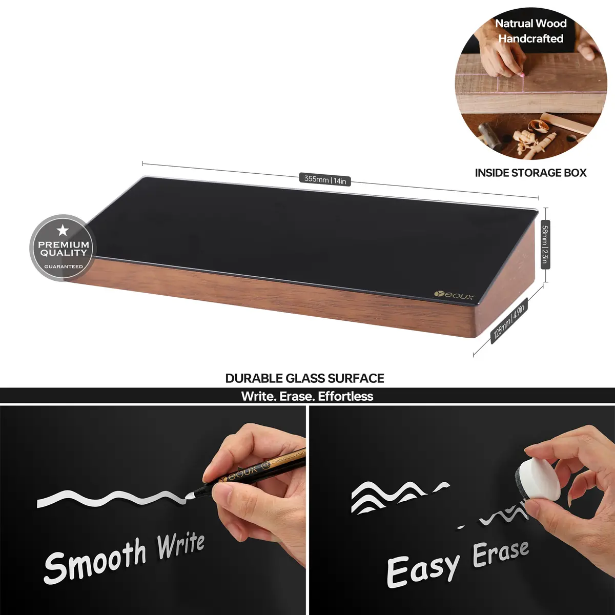 YEOUX Desktop Black Glass Dry Erase Board with Wood Organizers | Small Office Desk Whiteboard with Drawer - view 2