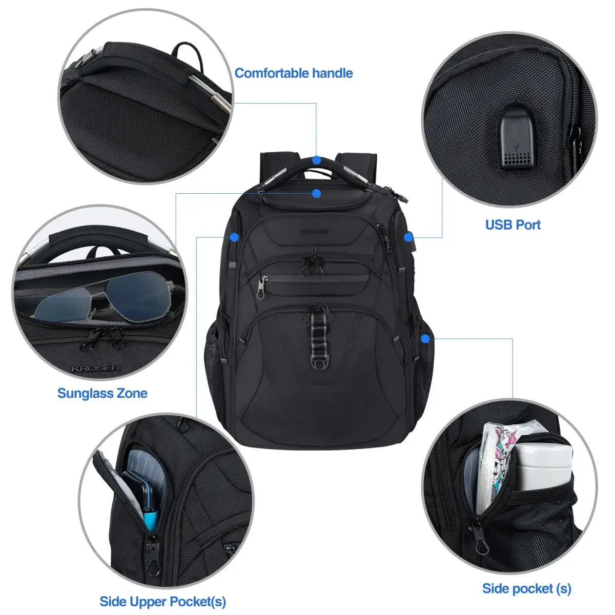 KROSER TSA Friendly Laptop Backpack 18.4 inch XXXL Black Water-Repellent College Daypack with RFID & USB Port - view 4