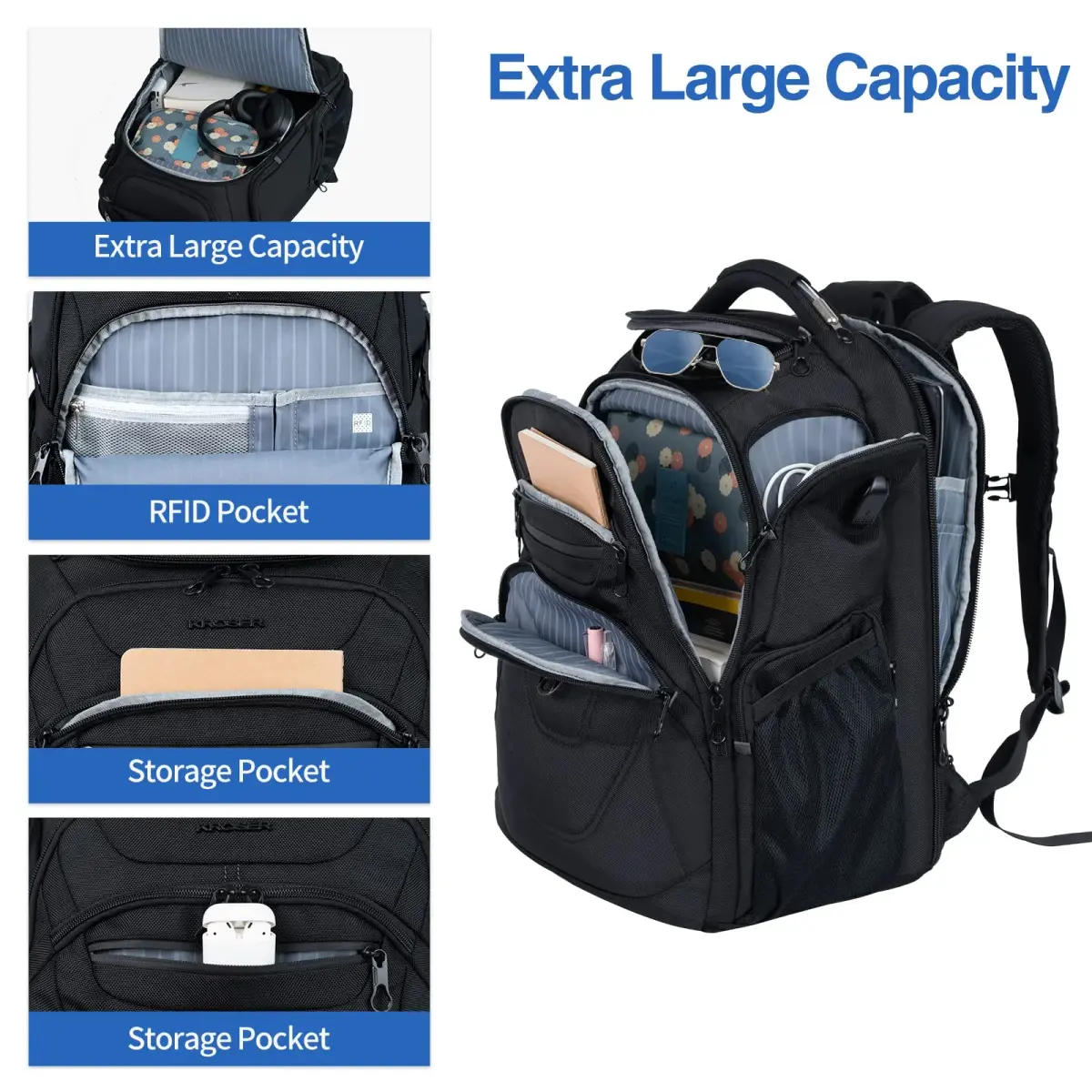 KROSER TSA Friendly Laptop Backpack 18.4 inch XXXL Black Water-Repellent College Daypack with RFID & USB Port - view 3