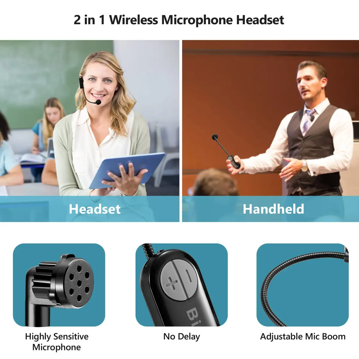 Bietrun Wireless Microphone Headset with 1/4'' Plug & Dual Mics | UHF 165ft Range, Rechargeable 6-Hr Battery, Black - view 5