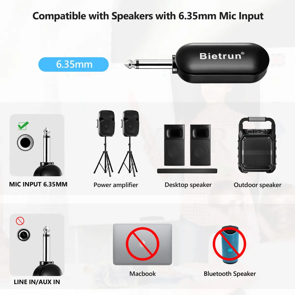 Bietrun Wireless Microphone Headset with 1/4'' Plug & Dual Mics | UHF 165ft Range, Rechargeable 6-Hr Battery, Black - view 6