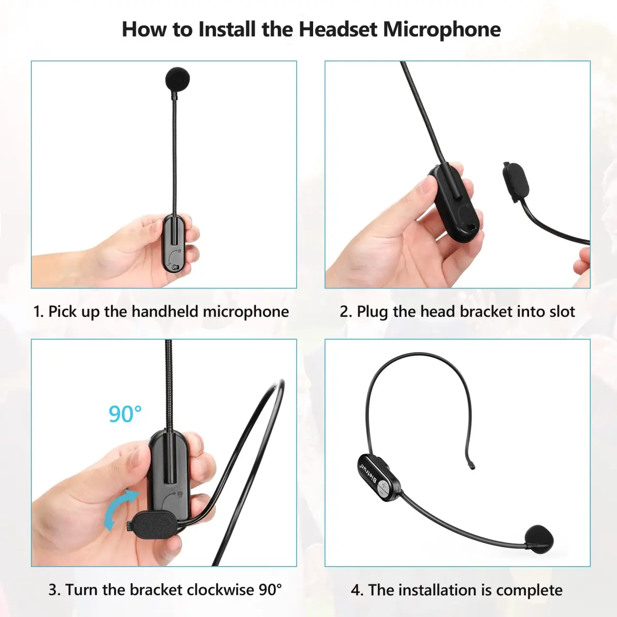 Bietrun Wireless Microphone Headset with 1/4'' Plug & Dual Mics | UHF 165ft Range, Rechargeable 6-Hr Battery, Black - view 7