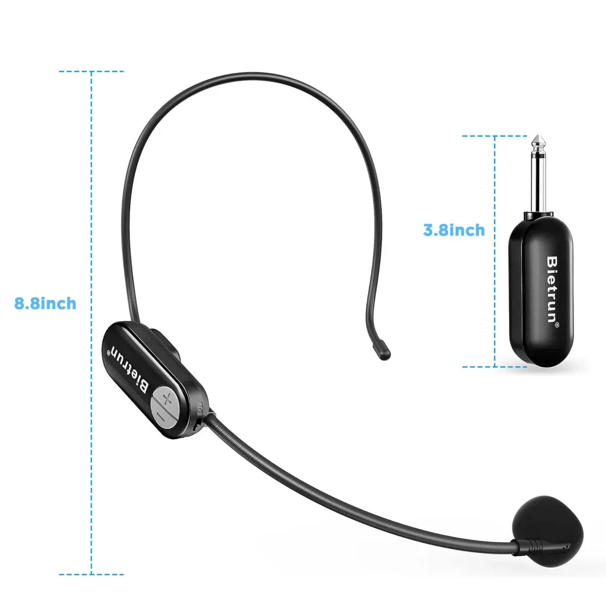 Bietrun Wireless Microphone Headset with 1/4'' Plug & Dual Mics | UHF 165ft Range, Rechargeable 6-Hr Battery, Black - view 9