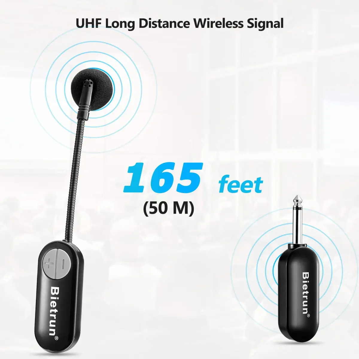 Bietrun Wireless Microphone Headset with 1/4'' Plug & Dual Mics | UHF 165ft Range, Rechargeable 6-Hr Battery, Black - view 2