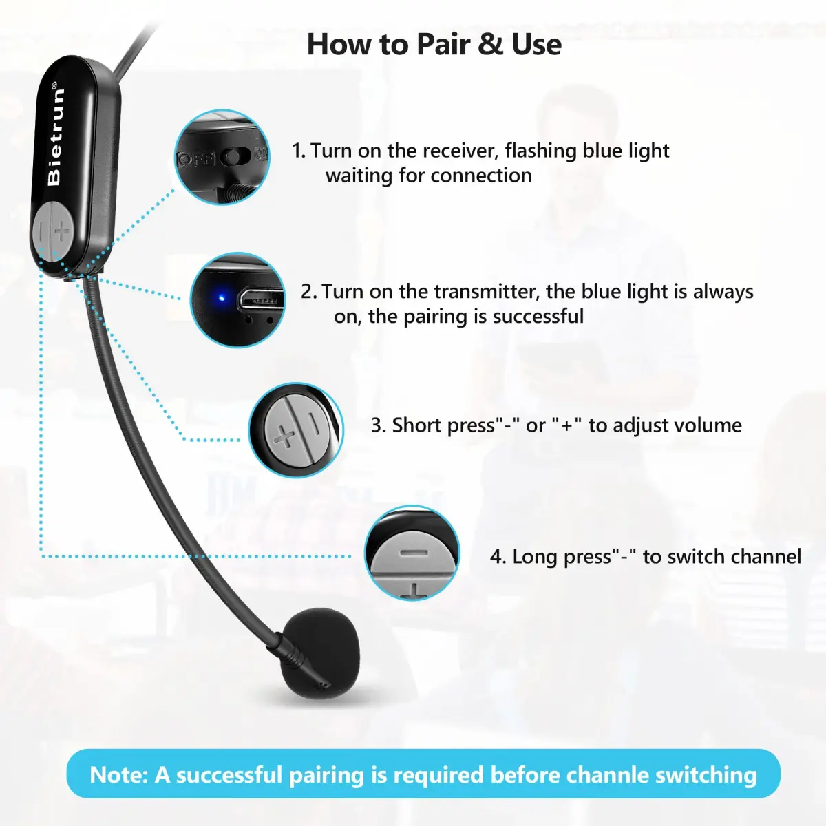 Bietrun Wireless Microphone Headset with 1/4'' Plug & Dual Mics | UHF 165ft Range, Rechargeable 6-Hr Battery, Black - view 3