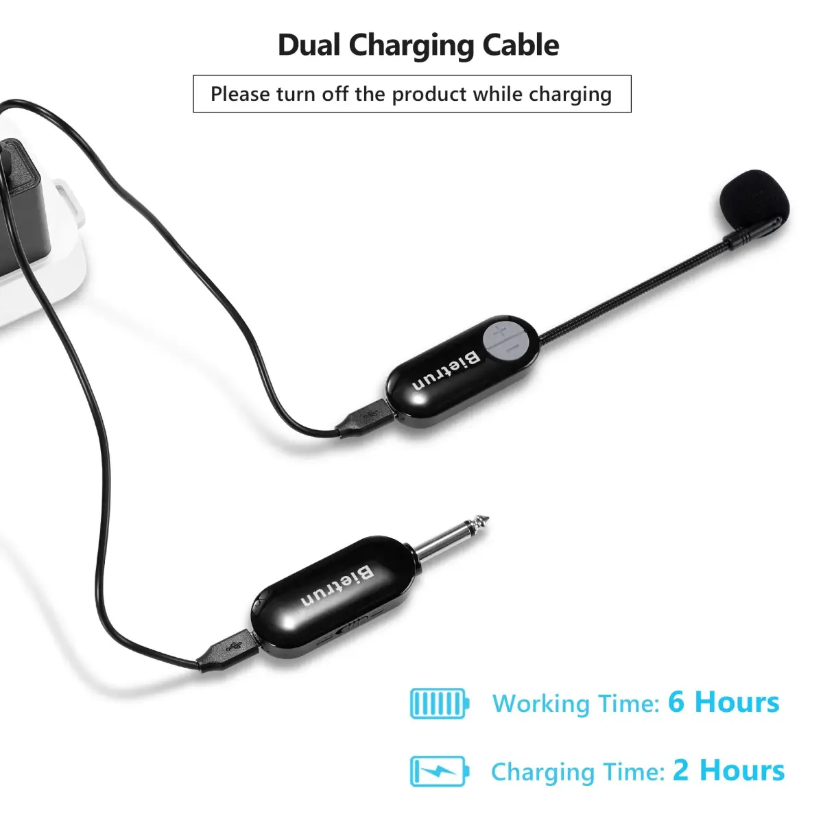 Bietrun Wireless Microphone Headset with 1/4'' Plug & Dual Mics | UHF 165ft Range, Rechargeable 6-Hr Battery, Black - view 4