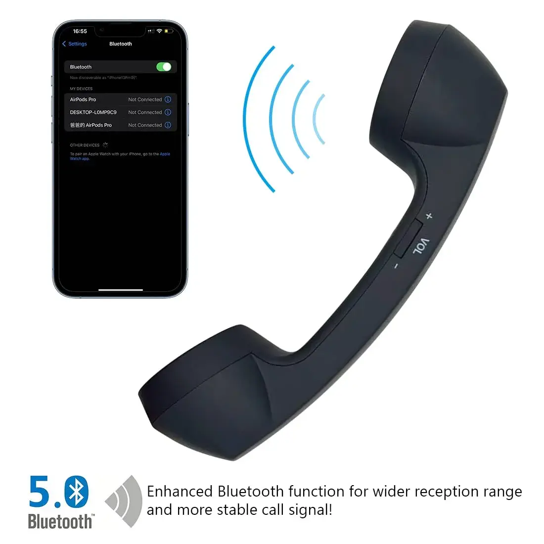 LIONSOUL Retro Bluetooth Handset with USB Charging | Black, 10M Range - view 2