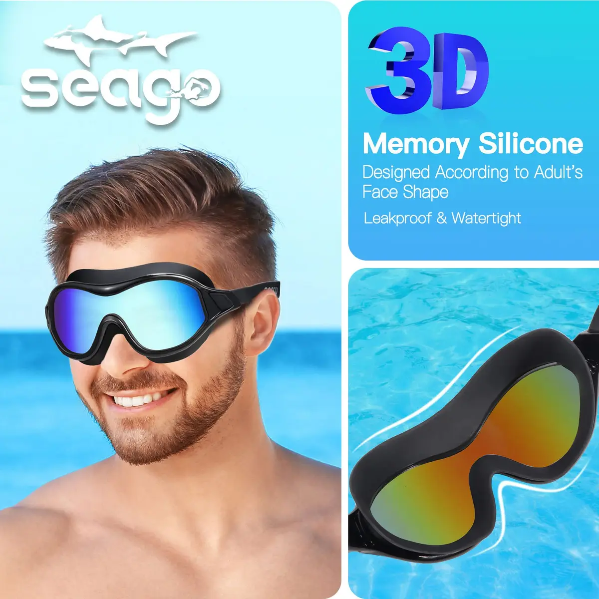 Seago Anti-Fog Mirrored Swim Goggles for Adults & Youth | 180° Clear Vision, UV Protection, Leak-Proof Silicone Seals - view 3