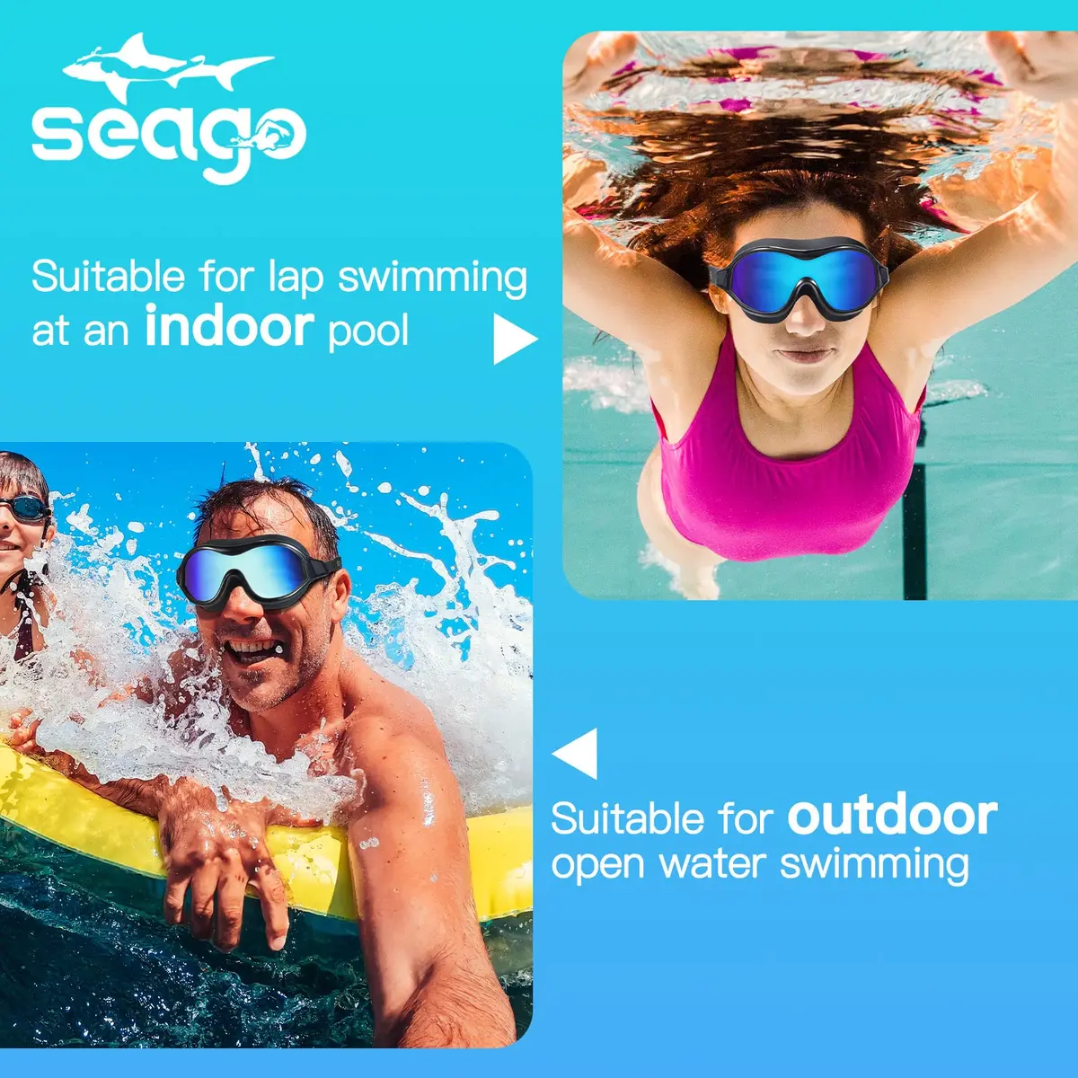Seago Anti-Fog Mirrored Swim Goggles for Adults & Youth | 180° Clear Vision, UV Protection, Leak-Proof Silicone Seals - view 4