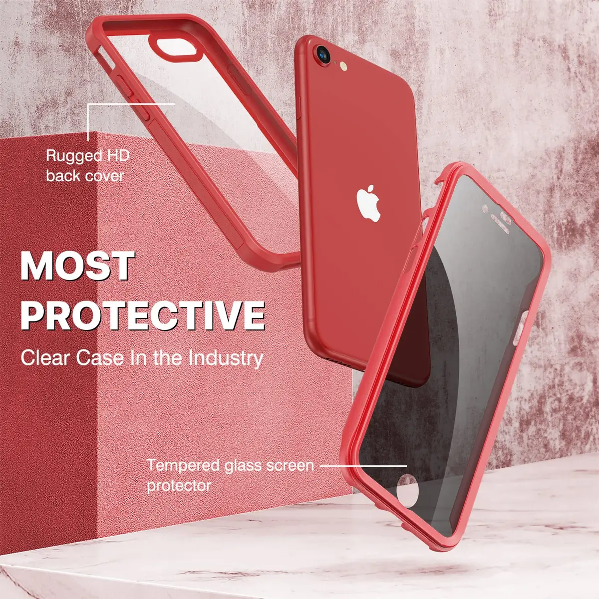 CENHUFO Privacy Case for iPhone SE 2022/2020, 8, 7 Red | Full Body 360° Protection with Built-in Privacy Screen - view 3