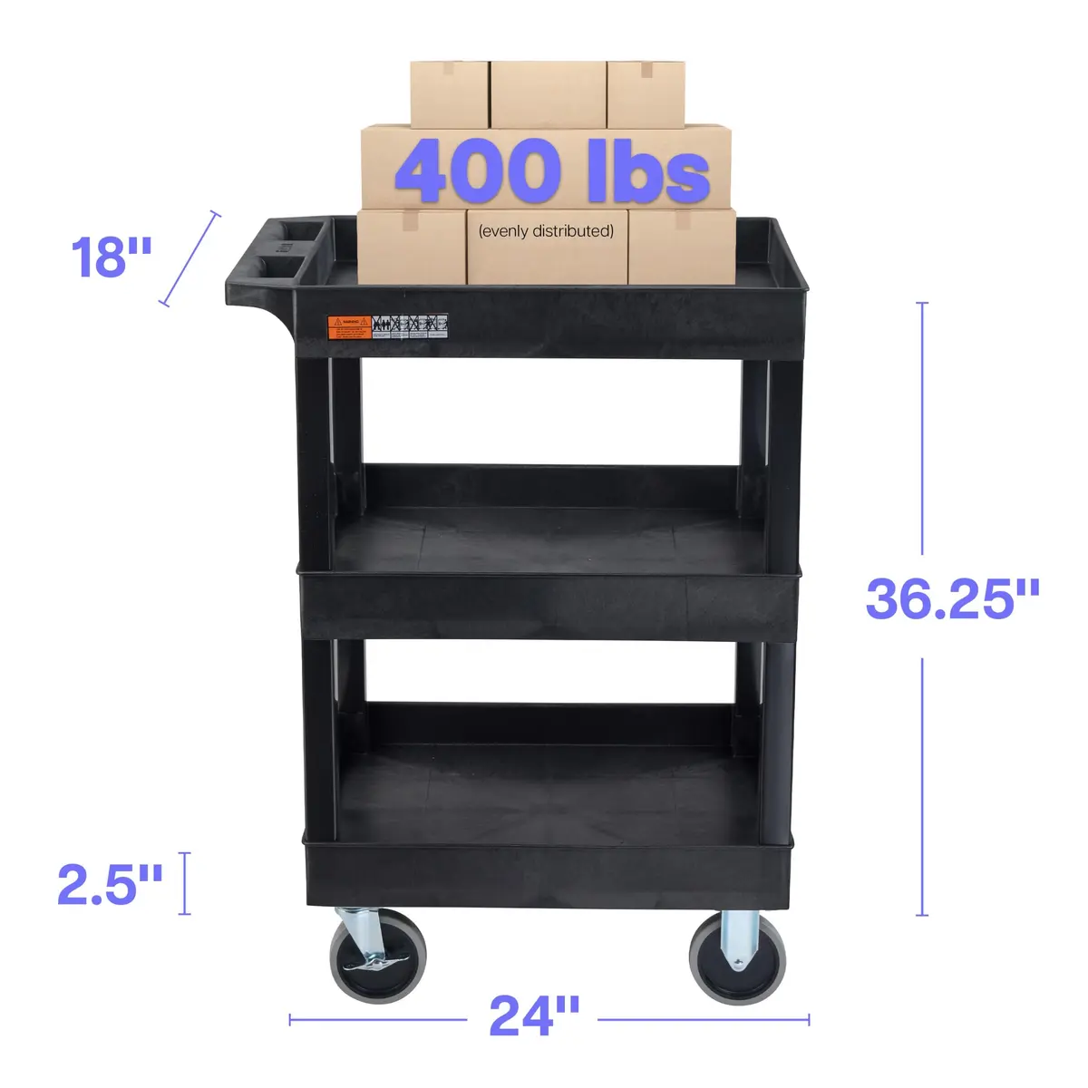 Luxor Utility Cart 24x18 inch | Heavy-Duty 3 Shelf Black, Made in USA (70-120c) - view 7