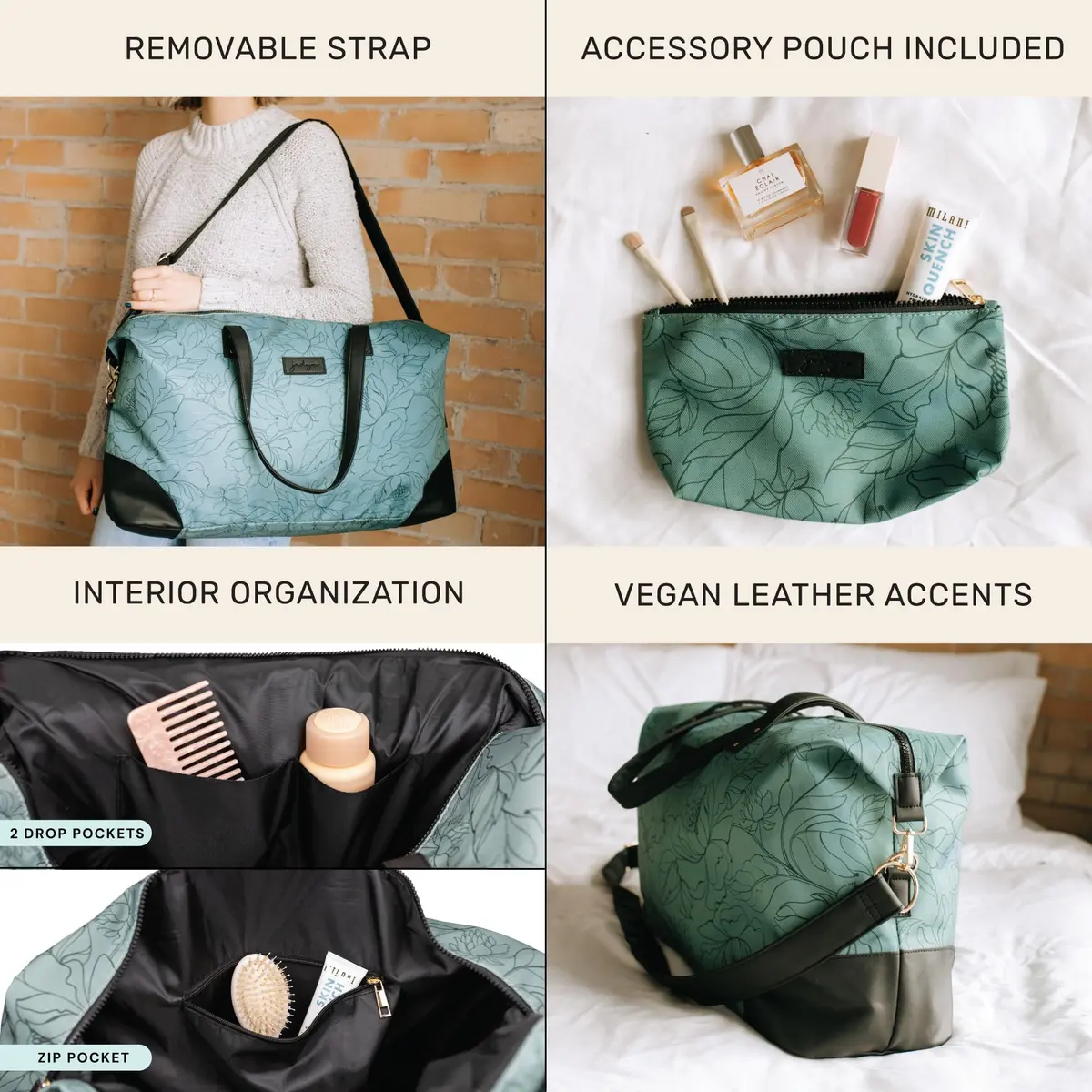 Jadyn Luna Women's Weekender Bag and Travel Duffel, Large 37 Liter Capacity (Sage Flora) | Durable Polyester & Vegan Leather - view 4