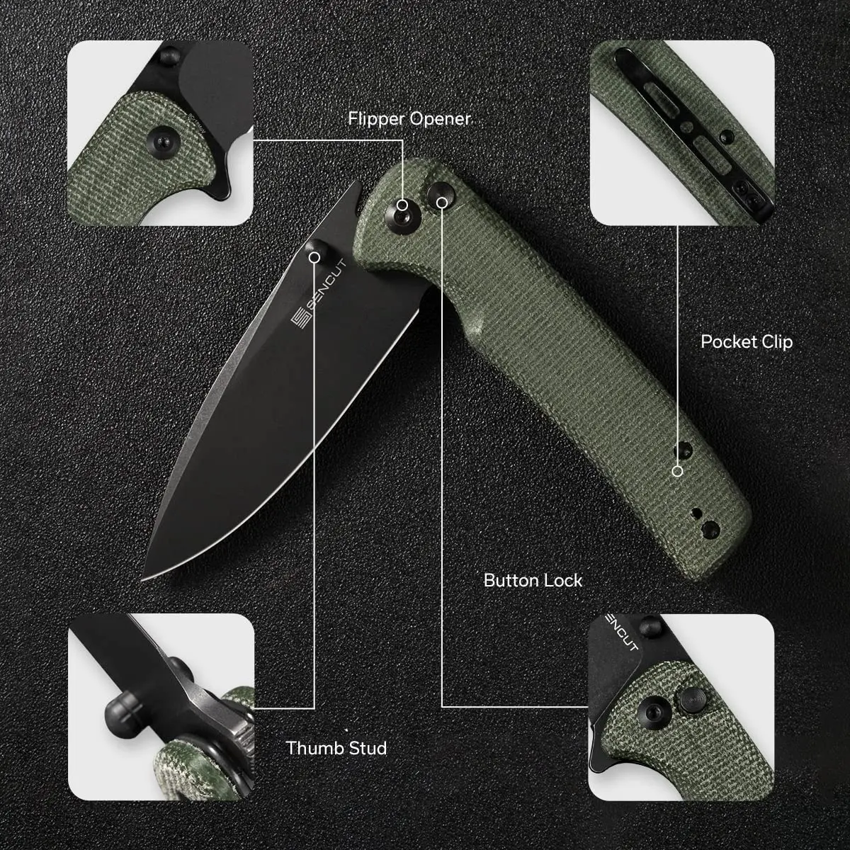 SENCUT Sachse Button Lock Pocket Knife 3.47" 9Cr18MoV Blade | Ambidextrous, Reversible Deep Carry Clip - view 3