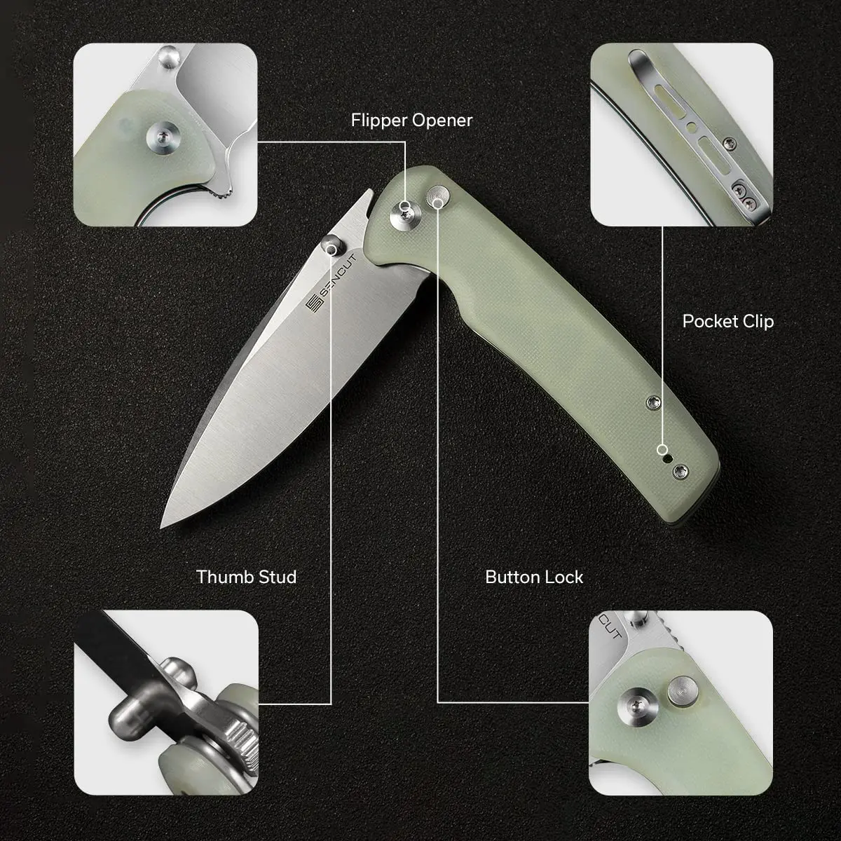 SENCUT Sachse Button Lock Pocket Knife 3.47" 9Cr18MoV Blade | Ambidextrous, Reversible Deep Carry Clip - view 3