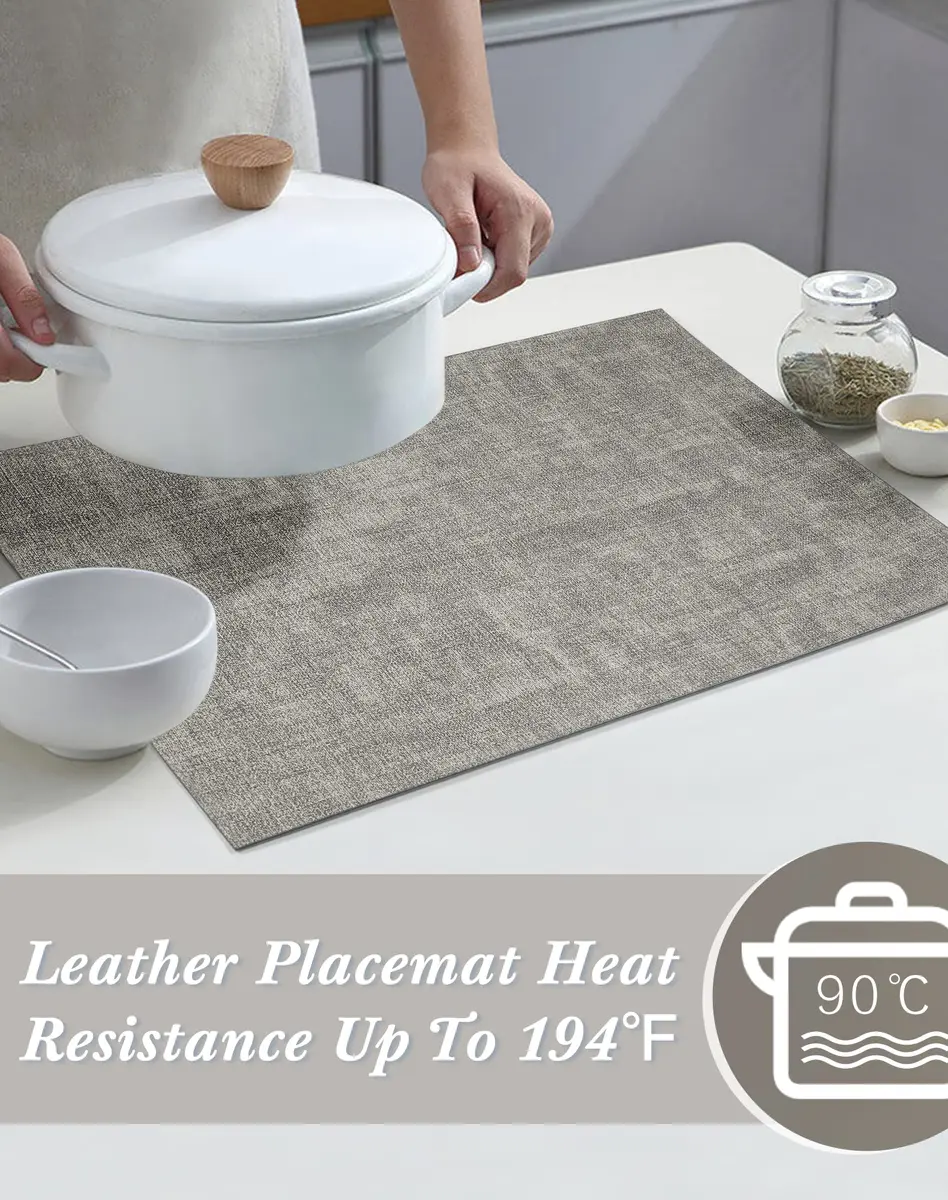 SUEH DESIGN Leather Placemats Set of 6, Light Grey & Smoky Grey | Reversible Non-Slip Table Mats for Dining Kitchen Parties - view 4