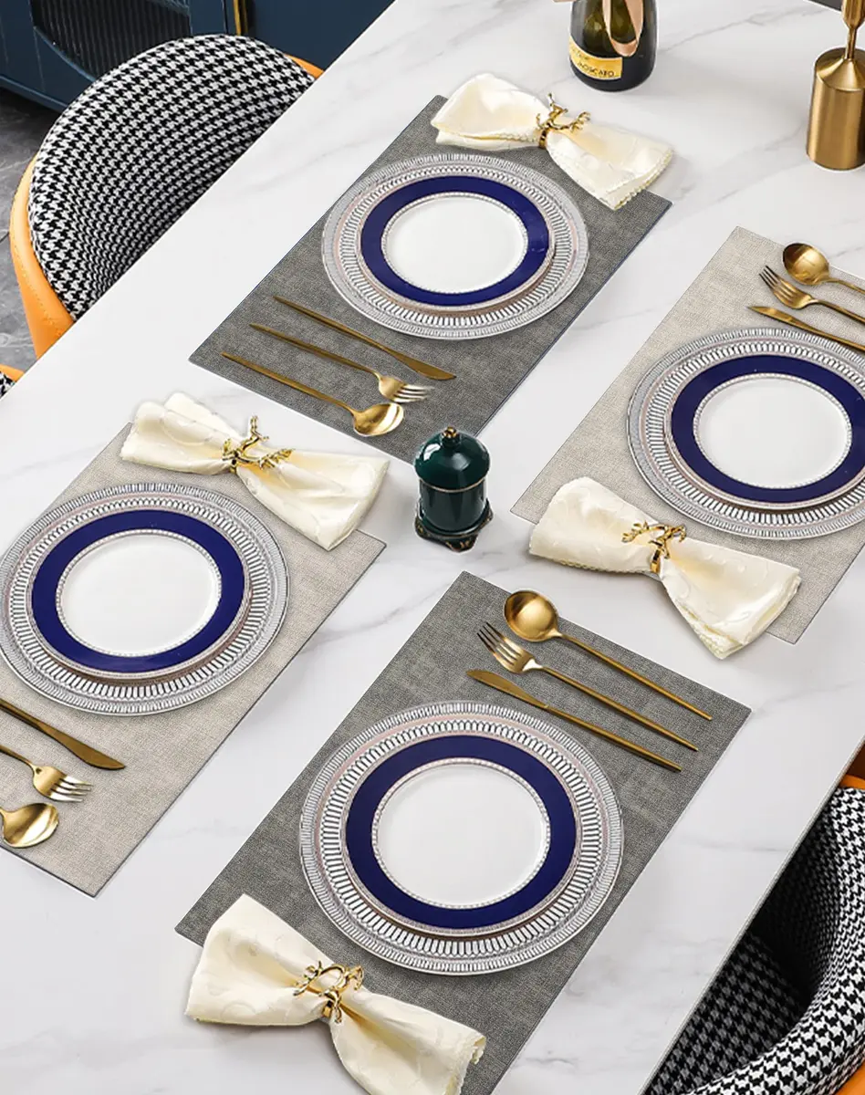 SUEH DESIGN Leather Placemats Set of 6, Light Grey & Smoky Grey | Reversible Non-Slip Table Mats for Dining Kitchen Parties - view 6