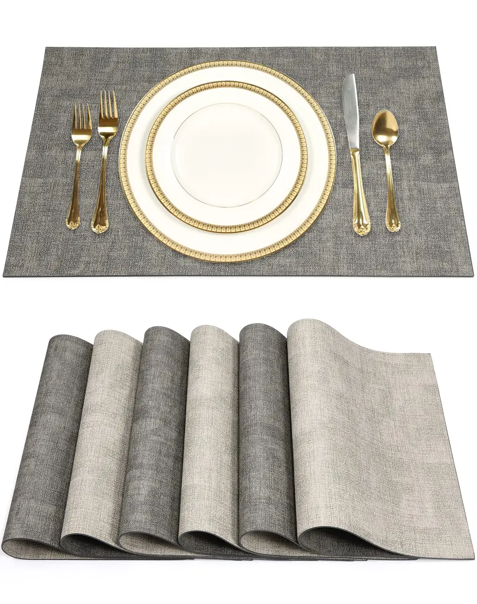 SUEH DESIGN Leather Placemats Set of 6, Light Grey & Smoky Grey | Reversible Non-Slip Table Mats for Dining Kitchen Parties - main product image