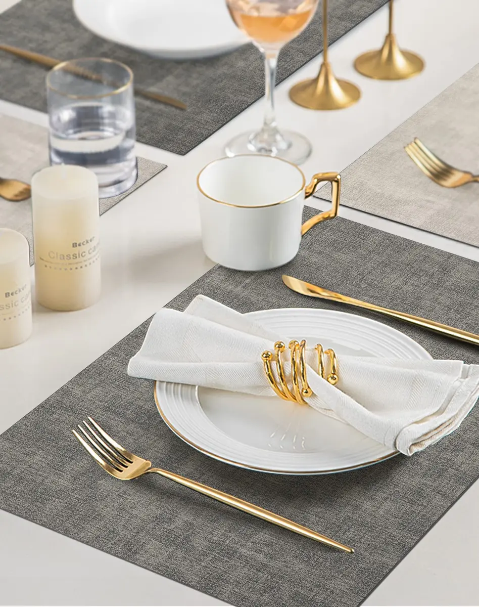 SUEH DESIGN Leather Placemats Set of 6, Light Grey & Smoky Grey | Reversible Non-Slip Table Mats for Dining Kitchen Parties - view 8