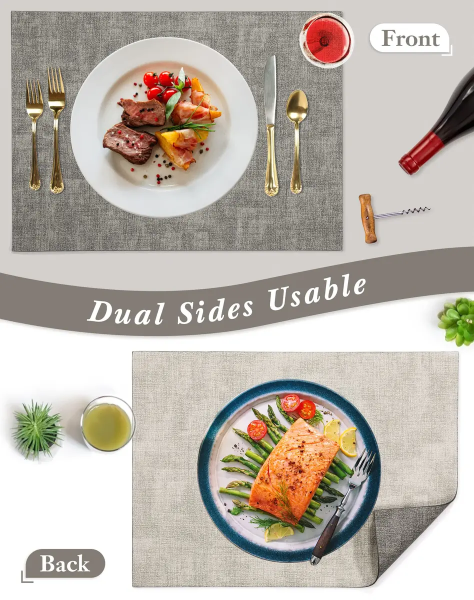 SUEH DESIGN Leather Placemats Set of 6, Light Grey & Smoky Grey | Reversible Non-Slip Table Mats for Dining Kitchen Parties - view 2
