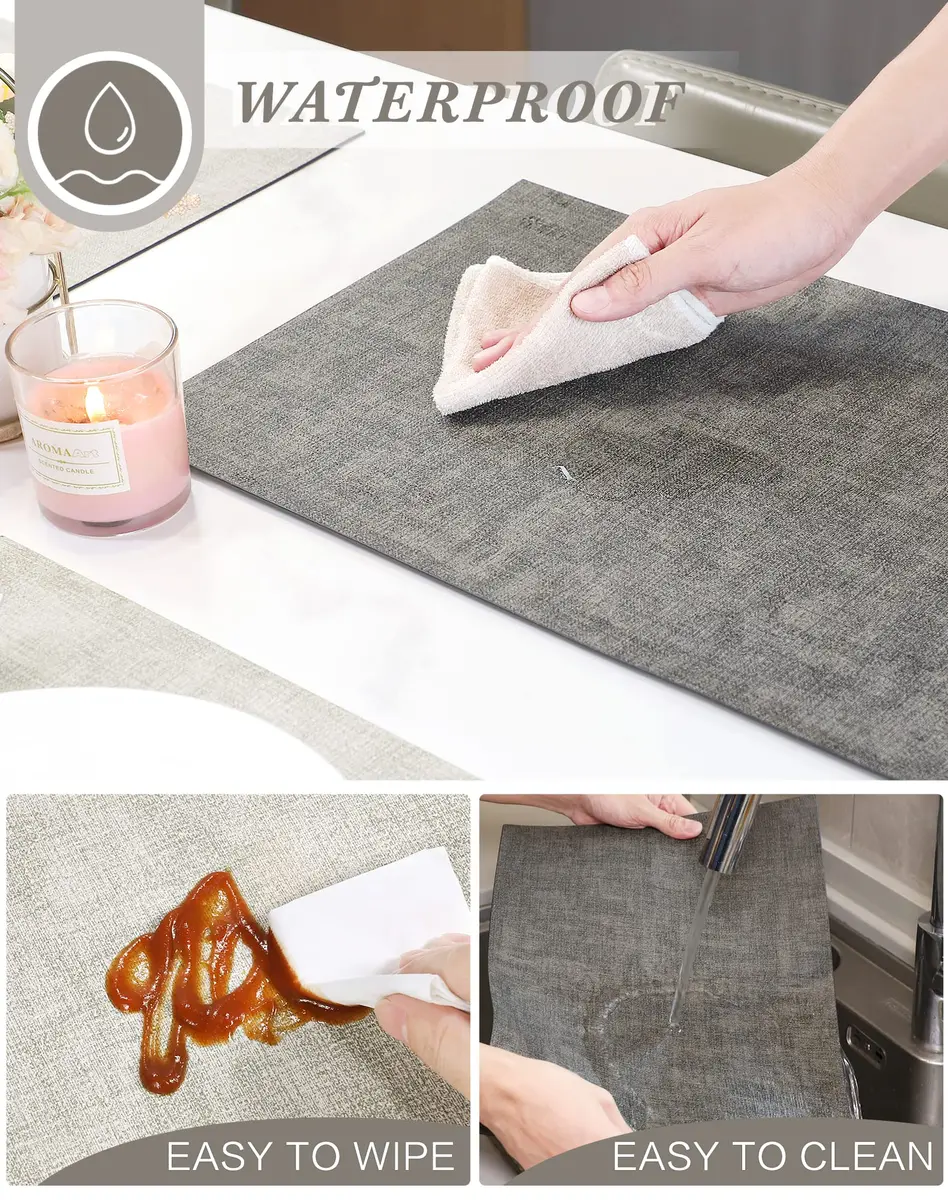 SUEH DESIGN Leather Placemats Set of 6, Light Grey & Smoky Grey | Reversible Non-Slip Table Mats for Dining Kitchen Parties - view 3