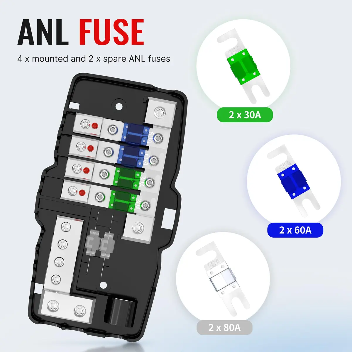 Joinfworld 4-Way Fused Power Distribution Block 12V DC | 0/4 Gauge Input to 4x 4-8 Gauge Output with LED Indicator - view 5