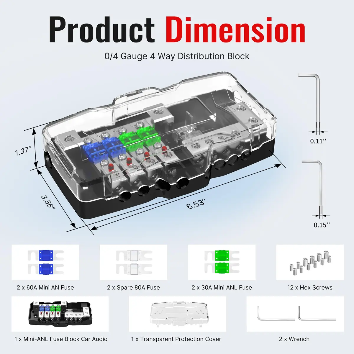 Joinfworld 4-Way Fused Power Distribution Block 12V DC | 0/4 Gauge Input to 4x 4-8 Gauge Output with LED Indicator - view 2