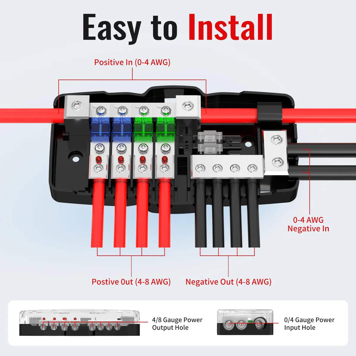 Joinfworld 4-Way Fused Power Distribution Block 12V DC | 0/4 Gauge Input to 4x 4-8 Gauge Output with LED Indicator - view 3
