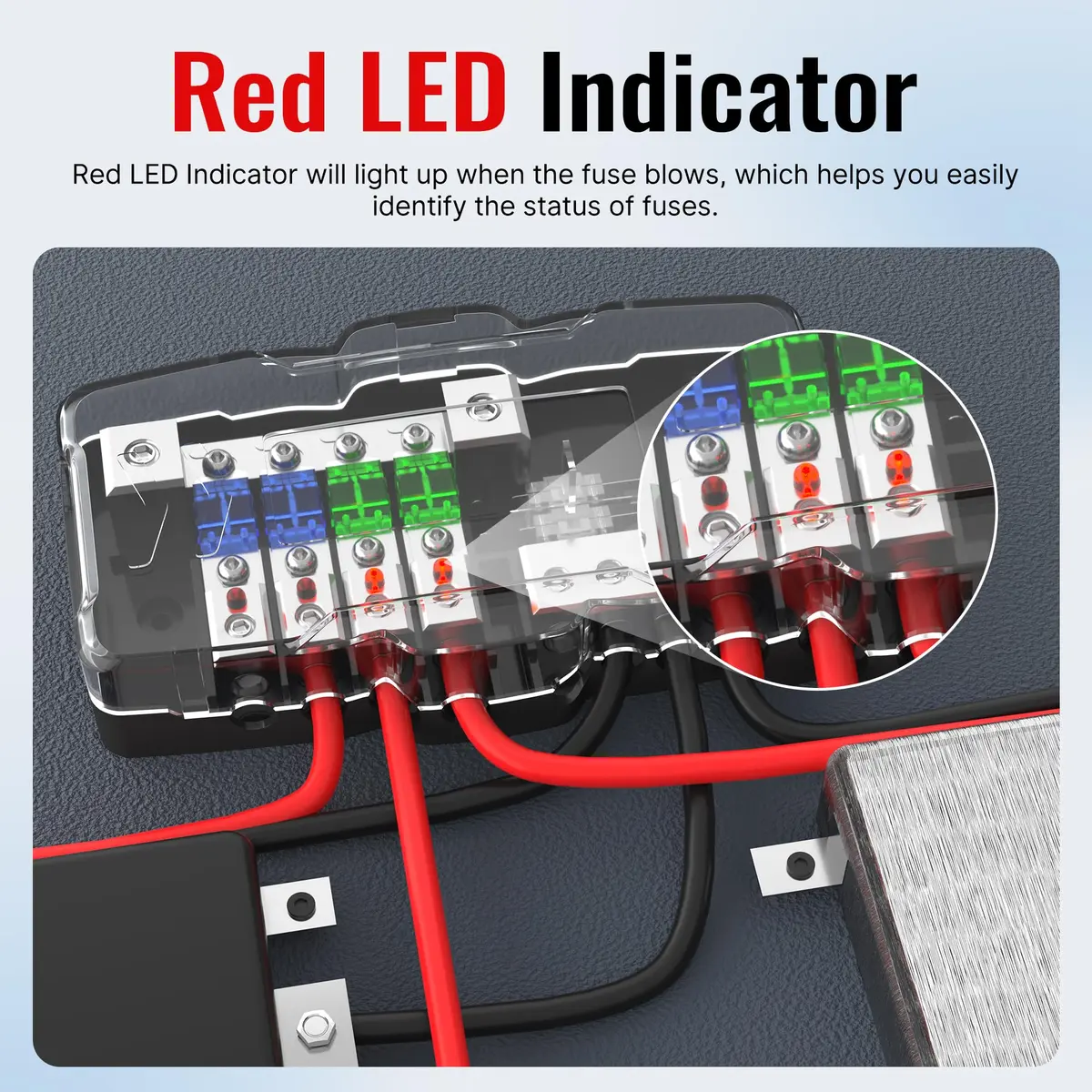 Joinfworld 4-Way Fused Power Distribution Block 12V DC | 0/4 Gauge Input to 4x 4-8 Gauge Output with LED Indicator - view 4