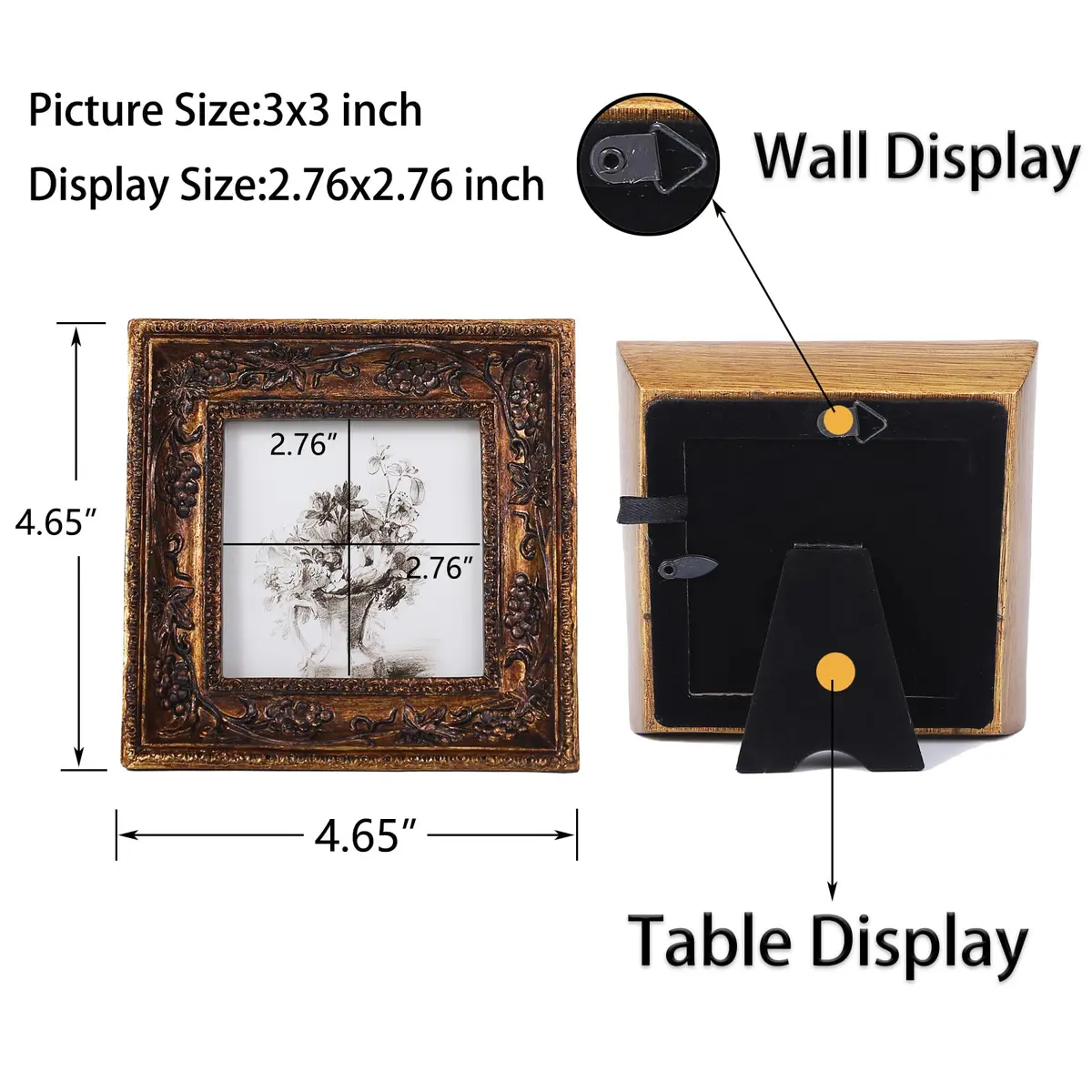 SIKOO Small Vintage 3×3 Picture Frame Antique Ornate | Gold Bronze Finish, Wall & Tabletop Display - view 5