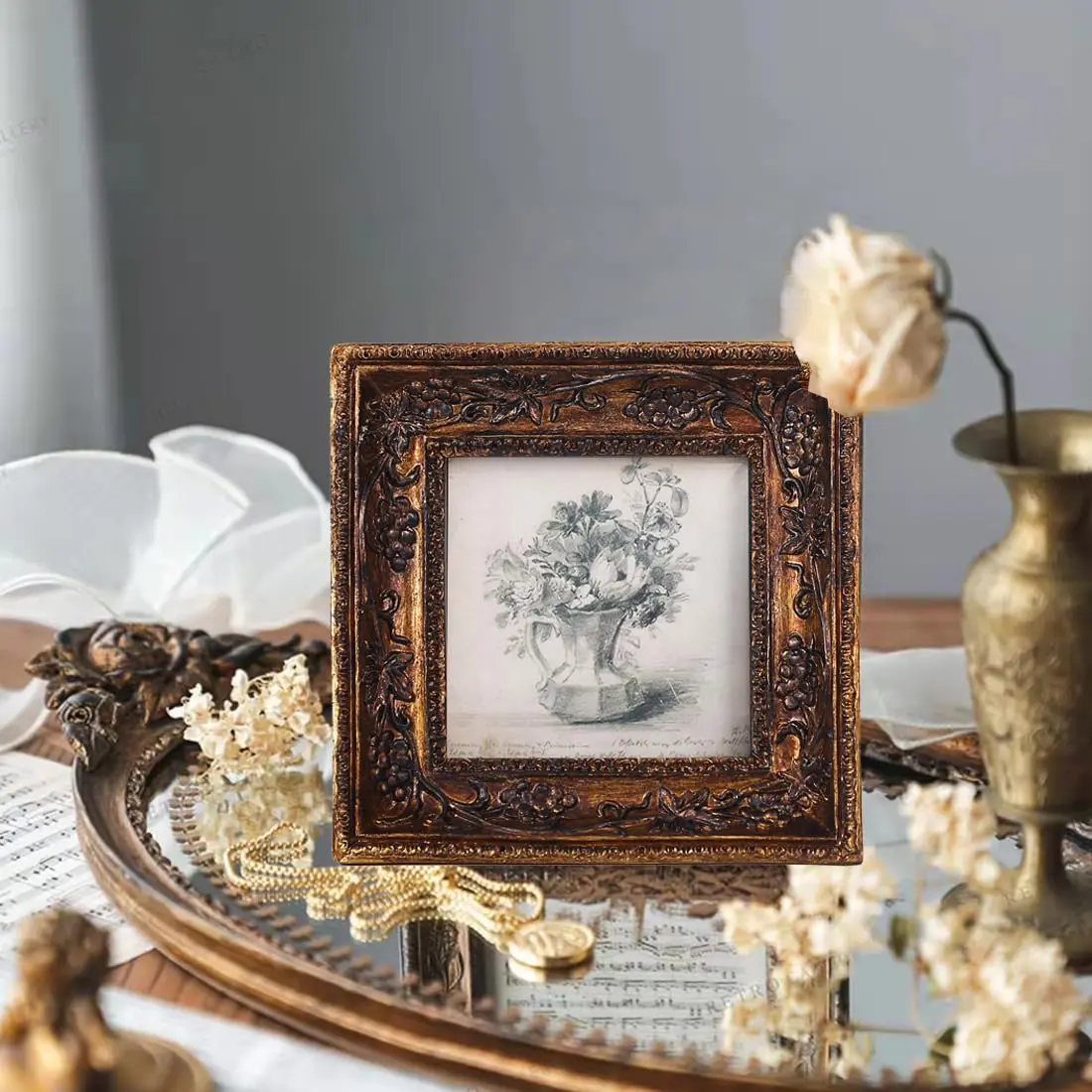 SIKOO Small Vintage 3×3 Picture Frame Antique Ornate | Gold Bronze Finish, Wall & Tabletop Display - view 3