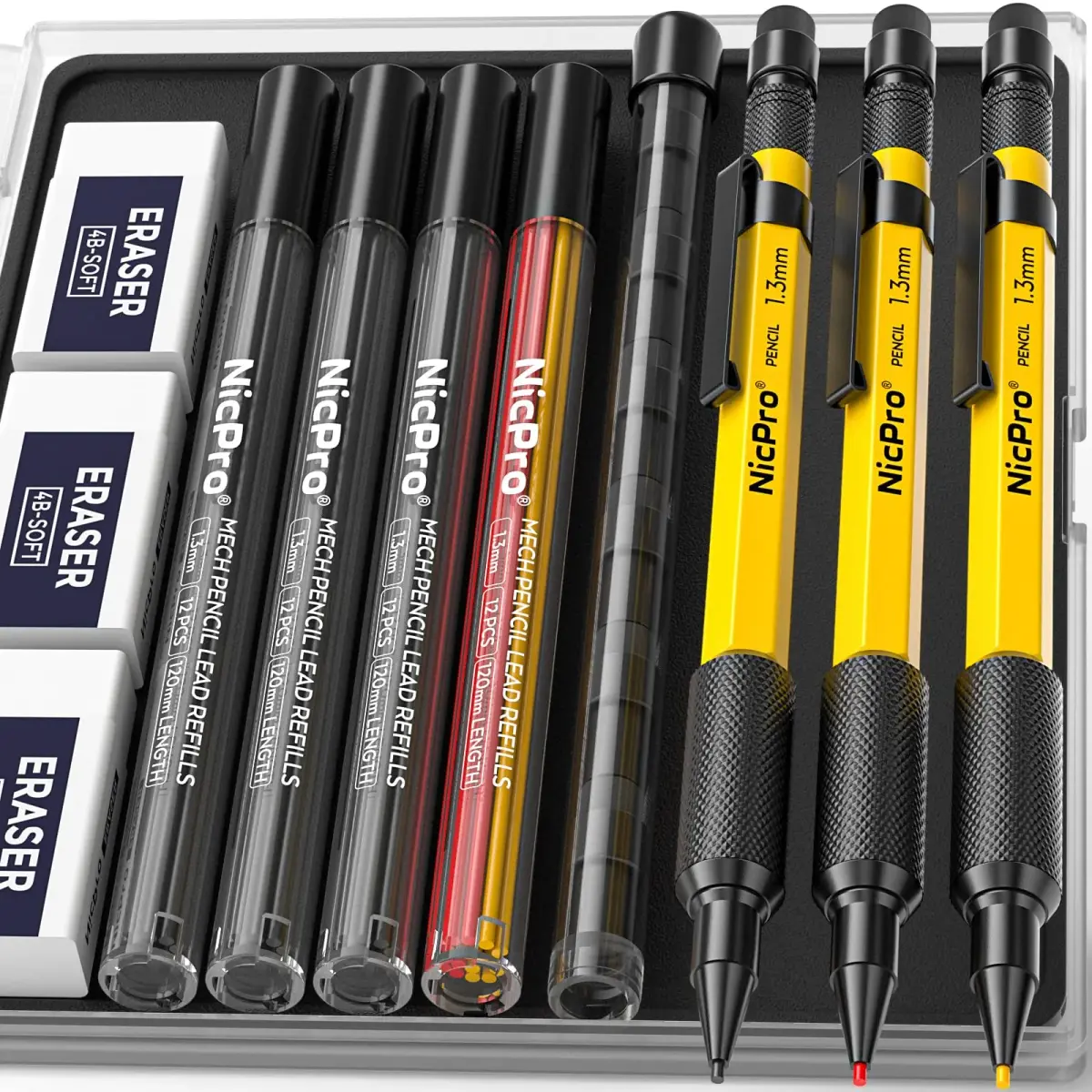Nicpro 1.3mm Mechanical Pencil Set with 48 Lead Refills & Erasers | Durable Metal Barrel for Writing & Drawing - main product image