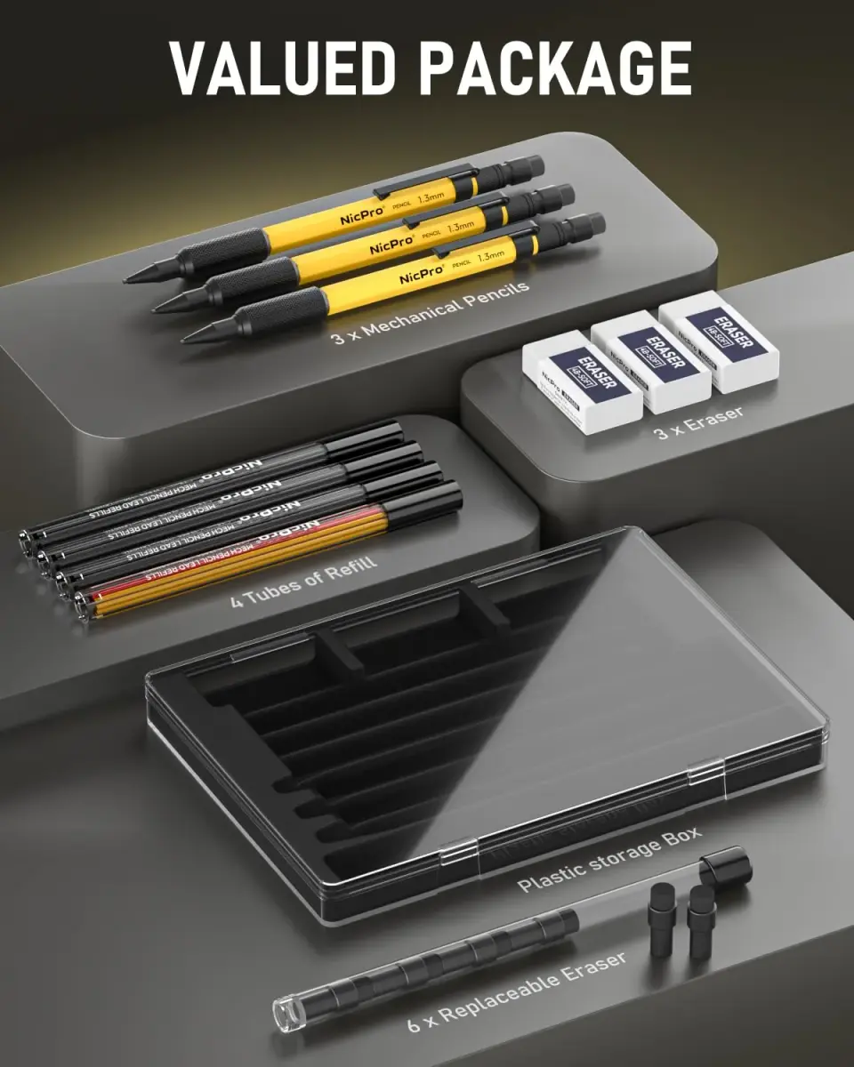 Nicpro 1.3mm Mechanical Pencil Set with 48 Lead Refills & Erasers | Durable Metal Barrel for Writing & Drawing - view 5
