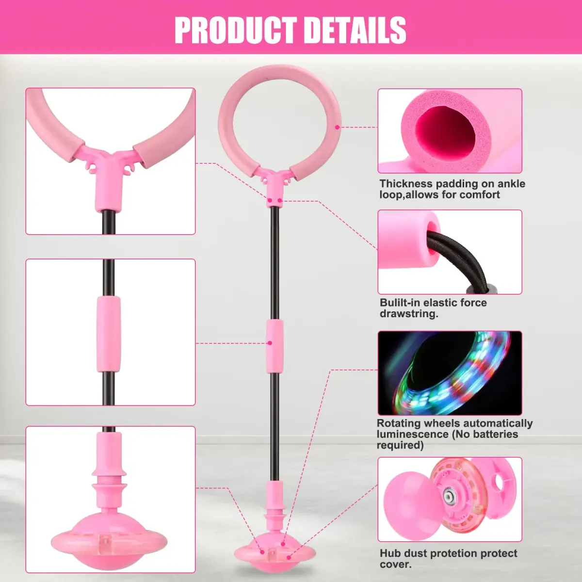 Chridark Ankle Skip Ball with Flash Wheel, Pink | Portable Foldable Toy for Kids & Adults - view 4