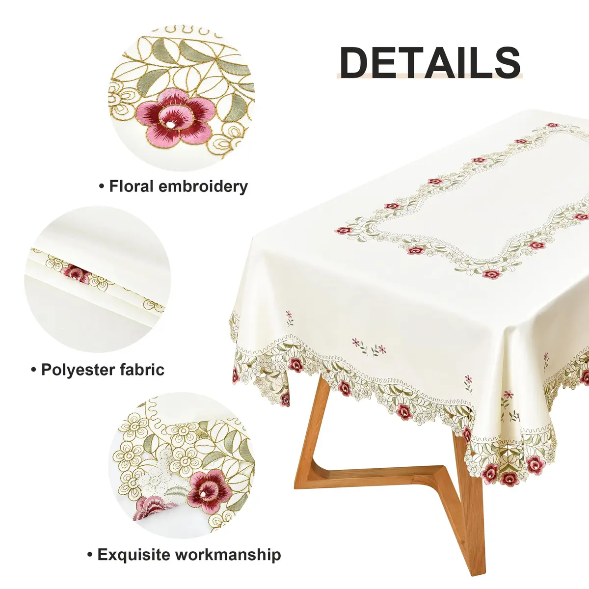 Wolkemer Jacquard Floral Embroidered Rectangle Tablecloth 60 x 84 inch (152.4 x 213.4 cm) | Elegant Beige Cutwork for Dining & Parties - view 5