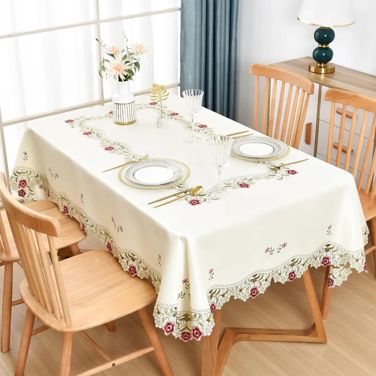 Wolkemer Jacquard Floral Embroidered Rectangle Tablecloth 60 x 84 inch (152.4 x 213.4 cm) | Elegant Beige Cutwork for Dining & Parties - view 2