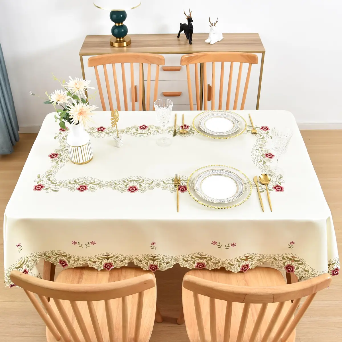 Wolkemer Jacquard Floral Embroidered Rectangle Tablecloth 60 x 84 inch (152.4 x 213.4 cm) | Elegant Beige Cutwork for Dining & Parties - view 3