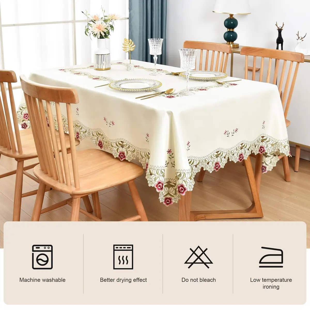 Wolkemer Jacquard Floral Embroidered Rectangle Tablecloth 60 x 84 inch (152.4 x 213.4 cm) | Elegant Beige Cutwork for Dining & Parties - view 4