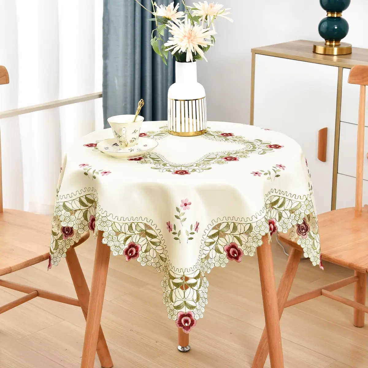 Wolkemer Jacquard Floral Embroidered Square Tablecloth 33 x 33 inch | Elegant Floral Design for Home & Events - main product image