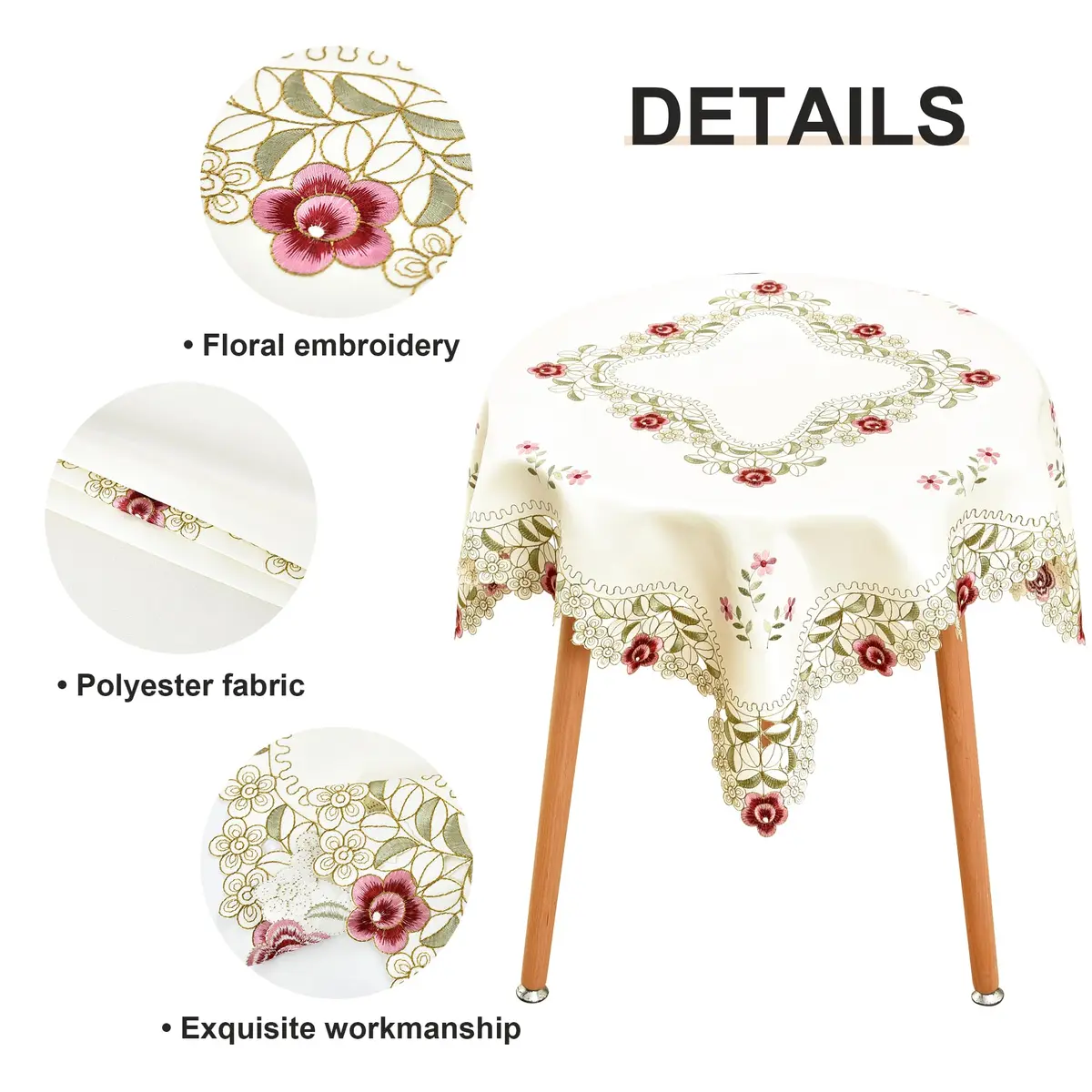 Wolkemer Jacquard Floral Embroidered Square Tablecloth 33 x 33 inch | Elegant Floral Design for Home & Events - view 5