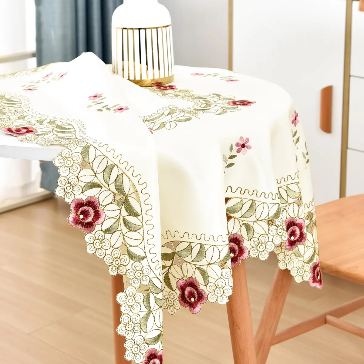 Wolkemer Jacquard Floral Embroidered Square Tablecloth 33 x 33 inch | Elegant Floral Design for Home & Events - view 3