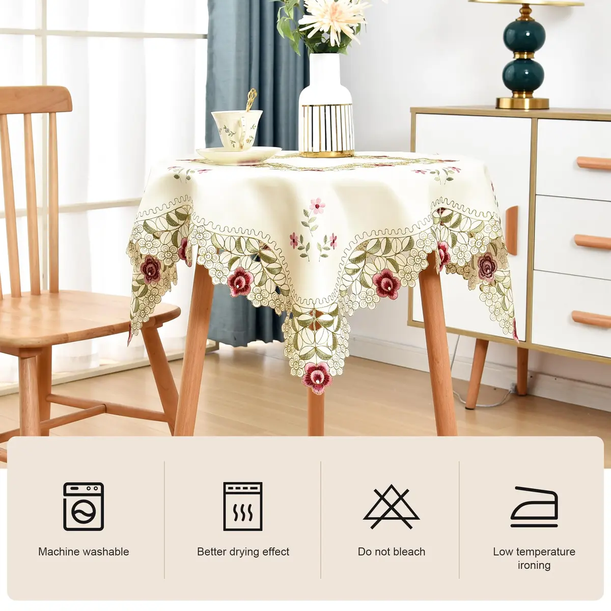 Wolkemer Jacquard Floral Embroidered Square Tablecloth 33 x 33 inch | Elegant Floral Design for Home & Events - view 4