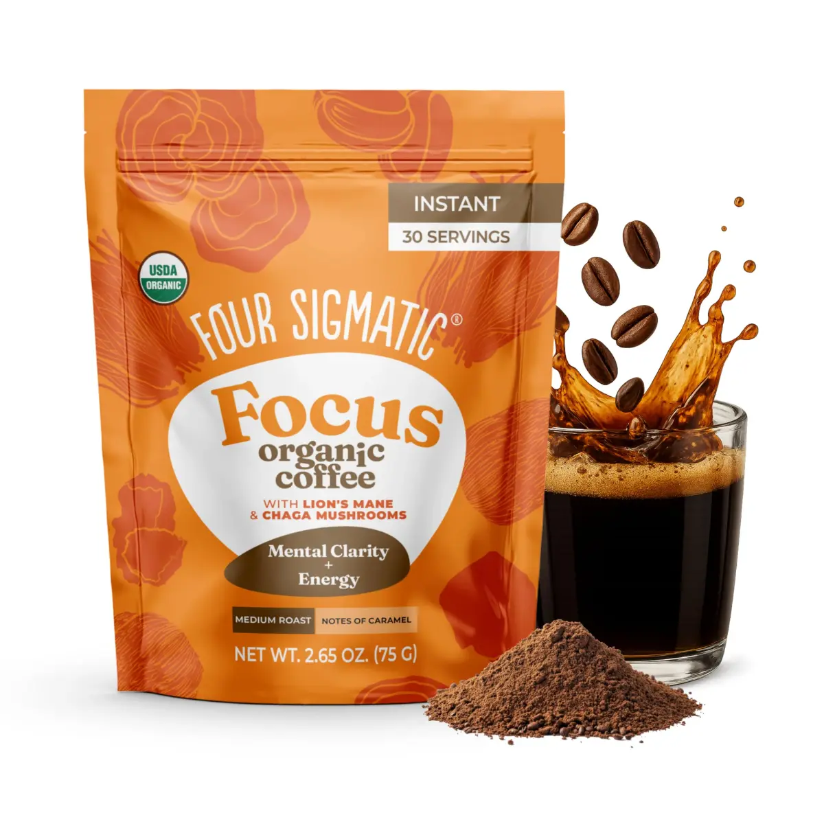 Four Sigmatic Organic Mushroom Coffee Mix with Lion's Mane, Chaga & Rhodiola 30 Servings | 50mg Caffeine Per Serving - main product image