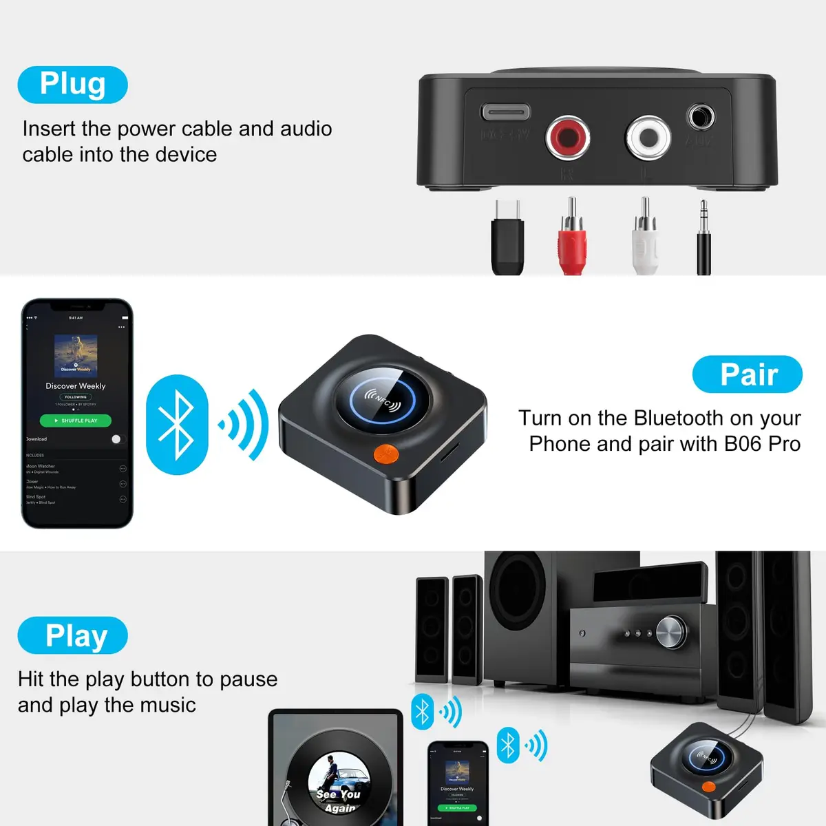 eppfun Bluetooth 5.3 Receiver with NFC & TF Card Slot, 3.5mm AUX/RCA Wireless Audio Adapter for Home Stereo Systems, 10m Range - view 4