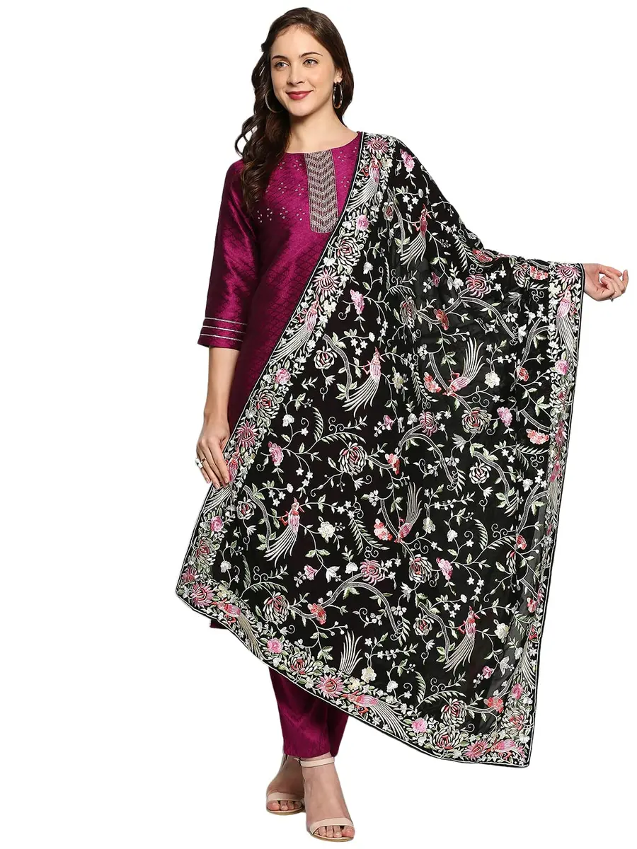 DUPATTA BAZAAR Parsi Gara Embroidered Georgette Dupatta 228 cm (90 inches) | Black Floral & Bird Work - main product image