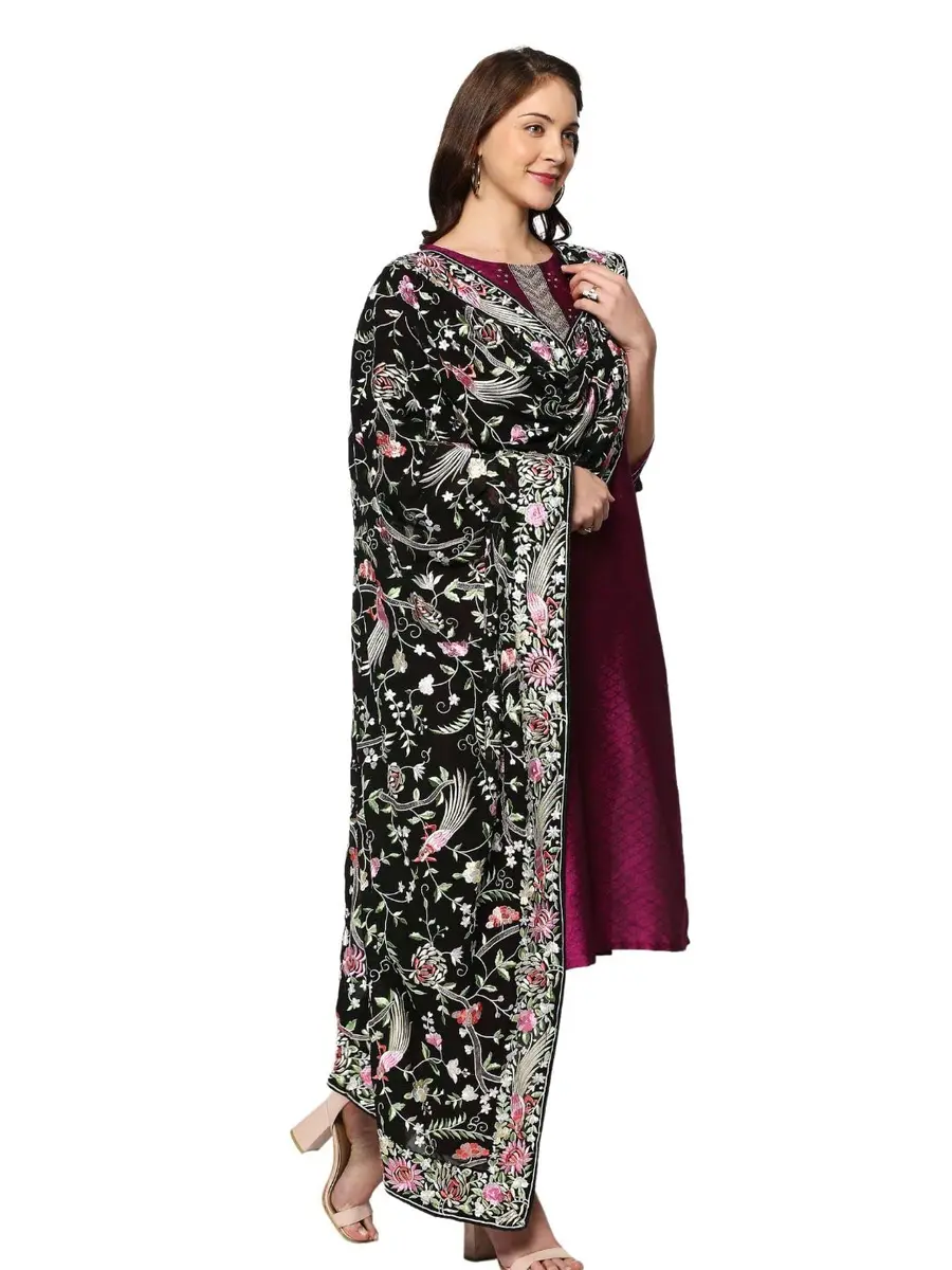 DUPATTA BAZAAR Parsi Gara Embroidered Georgette Dupatta 228 cm (90 inches) | Black Floral & Bird Work - view 5