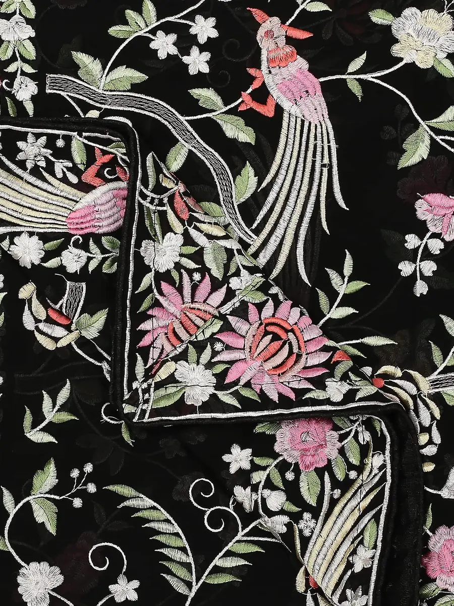 DUPATTA BAZAAR Parsi Gara Embroidered Georgette Dupatta 228 cm (90 inches) | Black Floral & Bird Work - view 6